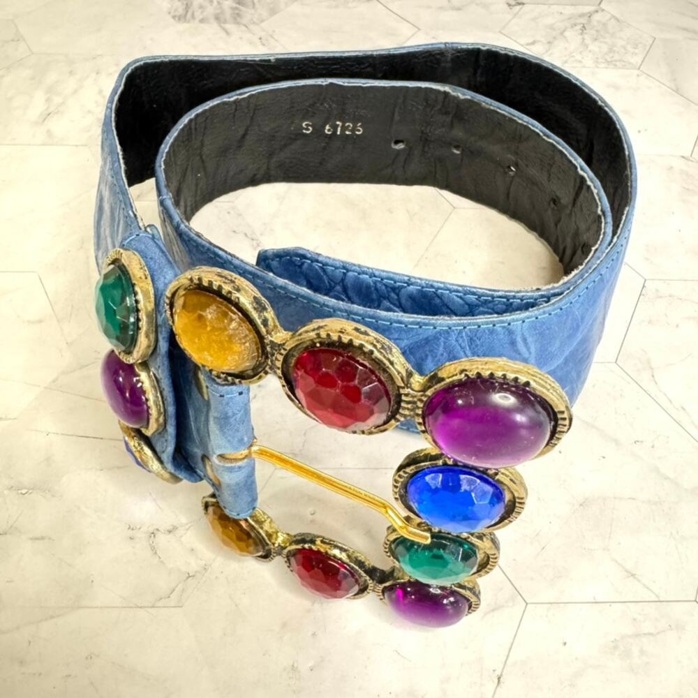 Vtg Nina Arjani Leatherock Belt Sz S Blue Leather Rhinestones San Diego 1980s